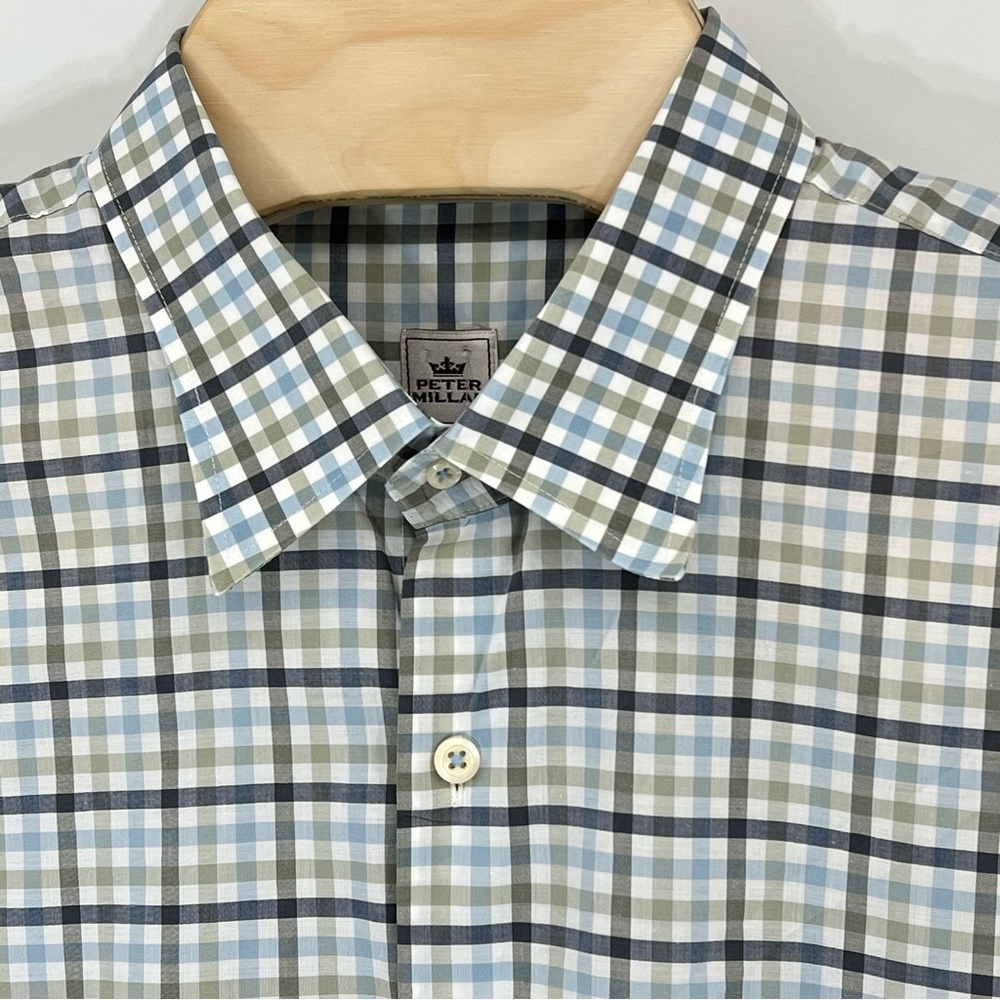 Peter Millar Blue and Gray Plaid Dress Shirt Button Up Long Sleeve XL